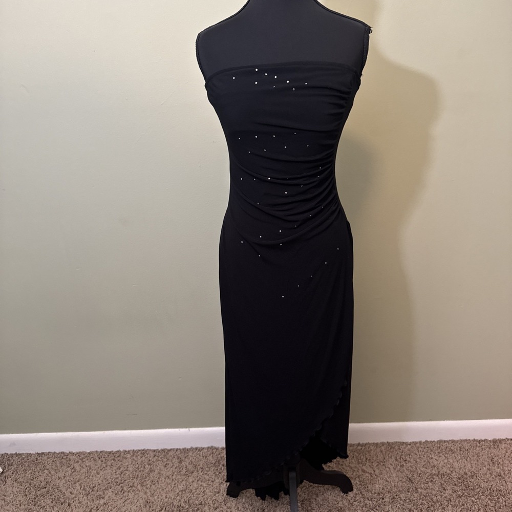 Vintage Y2K Black Strapless Formal Dress Rhinestone Asymmetrical Paper Tag Small